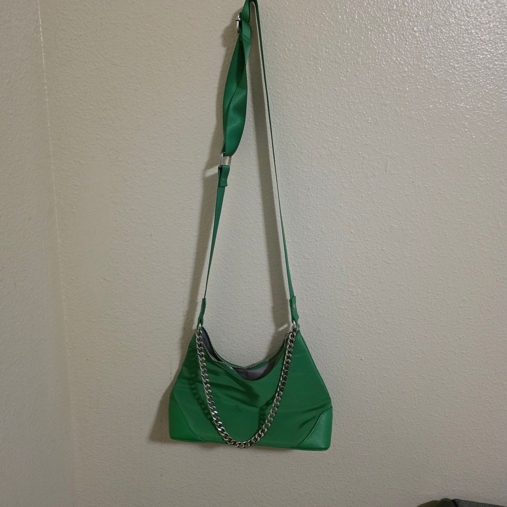 Wild Fable Green Nylon Crossbody Bag with Silver Chain Detail and Webbed Strap
